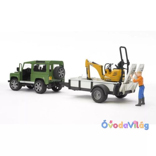 Bruder Land Rover Defender egytengelyű utánfutóval és JCB markolóval (02593)