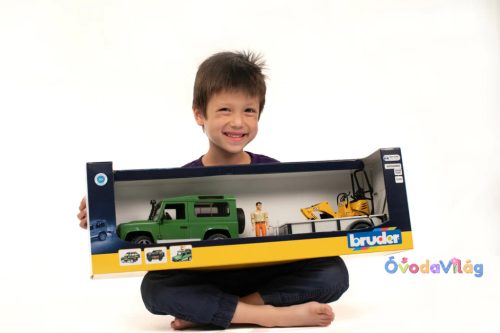 Bruder Land Rover Defender egytengelyű utánfutóval és JCB markolóval (02593)