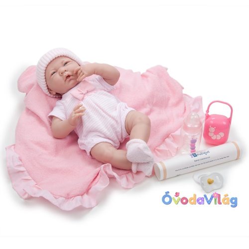 Élethű Berenguer Játékbabák újszülött lány rózsaszín masnis ruhában sapkával - kiegészítőkkel 39cm