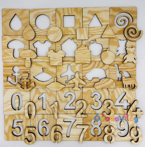 Fa oktató puzzle – Formák, tárgyak és számok vegyesen (50 db – véletlenszerű összeállítás)